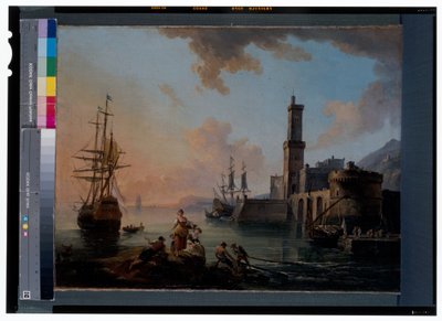 Fischer und Kurtisanen in einem Mittelmeerhafen bei Sonnenuntergang von Jean-Baptiste Lallemand