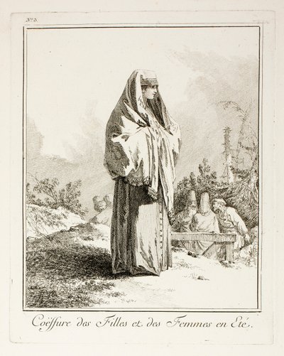 Pokrývka hlavy pro dívky a ženy v létě, deska tři od Divers Haillements des Peuples du Nord od Jean-Baptiste Le Prince