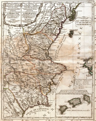 Mapa království Valencie a Murcie (Španělsko) (rytina od Jean Baptiste Nolin