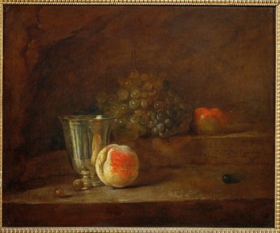Stříbrný pohár, hrozny, jablko (malba na plátně) od Jean-Baptiste Simeon Chardin