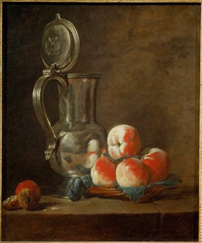Cínová nádoba s talířem broskví, sušených švestek a ořechů (malba na plátně) od Jean-Baptiste Simeon Chardin