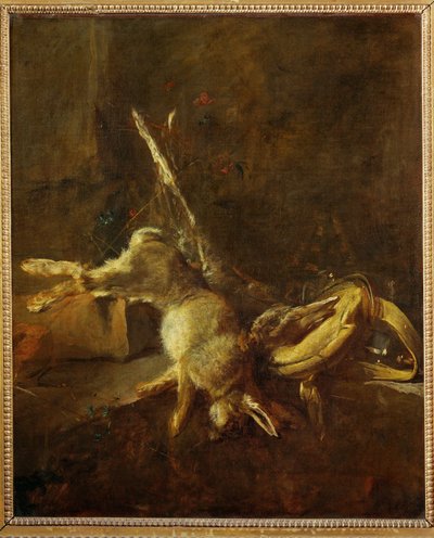 Dva zajíci, pytel na zvěř a prachovka (malba na plátně) od Jean-Baptiste Simeon Chardin