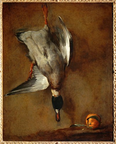 kachna, zavěšená na zdi, a hořký pomeranč (malba na plátně) od Jean-Baptiste Simeon Chardin