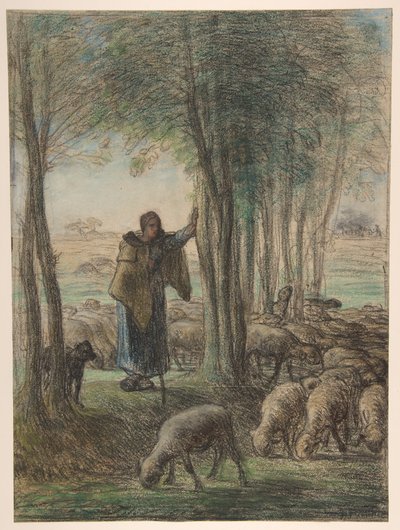 Pastýřka a její stádo ve stínu stromů od Jean-Francois Millet