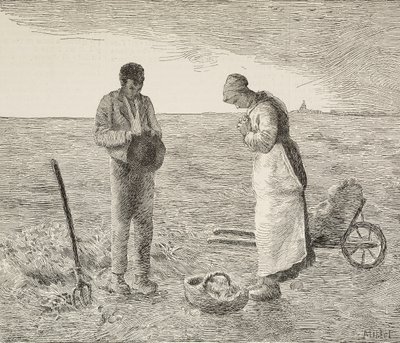 Angelus, pár farmářů na polích, rytina z obrazu Jeana-Francoise Milleta (1814-1875), francouzského malíře, z L