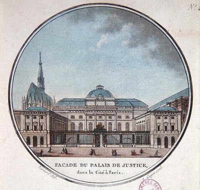 Fasáda Justičního paláce, cca 1785 (barevné lito) od Jean (after) Testard