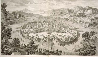 Tchao-Hoei obsazuje své jednotky cvičeními a vojenskými hrami v roce 1758, deska 5 ze série tisků představujících dobytí Qianlonga, čínského císaře, vyryl Pierre Philippe Choffard (1730-1809) 1772 (rytina) od Jean (d.1781) (after) Damascene