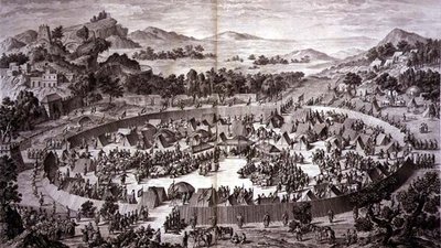 Tchao-Hoei ve svém táboře pod hradbami Yerechimu přijímá v červenci 1759 poctu obyvatel města a provincie, deska 4 ze série tisků představujících dobytí Qianlonga, čínského císaře, vyryl Pierre Philippe Cho od Jean (d.1781) (after) Damascene