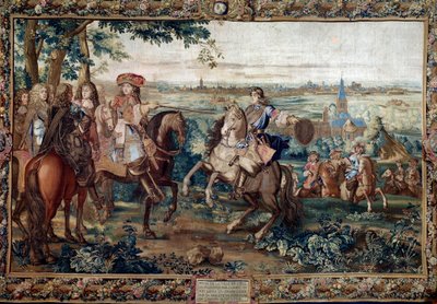 Pokračování z Histoire du Roi: „“ Dobytí Lille Ludvíkem XIV., srpen 1667 podle kartonu Saint Andre. Obraz z dílny Jeana Mozina (17. století) v továrně Gobelins. Ztlumit. 3,7x5,5m. Versailles, zámecké muzeum od Jean (workshop) Mozin