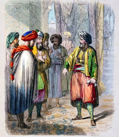 Mehemet Ali (1769-1849) recoit des messages de son fils en campagne en Arabie - Muhammad Ali Paša neboli Mehmet Ali přijímá zprávy z tažení svého syna v Arábii. Aby zajistil porážku opozice v Arábii, vyslal Muhammad Alí svého syna Ib. od Jean Adolphe Beauce