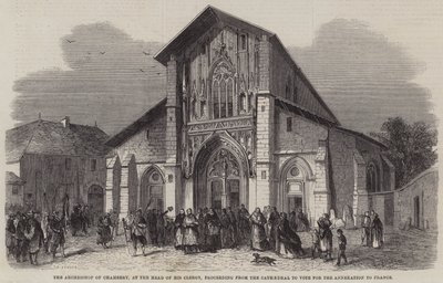 Arcibiskup z Chambery, v čele svého duchovenstva, postupuje od katedrály k hlasování pro připojení k Francii od Jean Adolphe Beauce