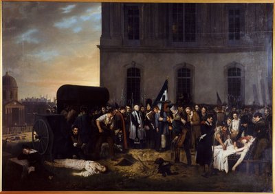 Dočasné pohřbení červencových obětí před kolonádou Louvru od Jean Alphonse Roehn