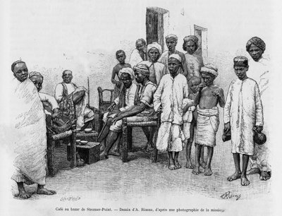 Kavárna na Steamer Point Bazaar, Aden, Jemen. Rytina od A.Rixense k ilustraci příběhu A Suse, journal des excavilles od Jean Andre Rixens