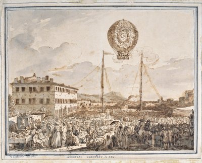 Aerostat postavený v Aix. Balón postavený v Aix en Provence. Kresba Jean Antoine Constantin dit Constantine d
