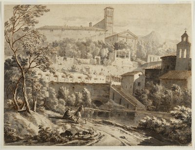 Umělec skicující na břehu řeky pod italským městem, asi 1780 (tuš a wash na křídovém papíře, stopy černé křídy) od Jean Antoine Constantin