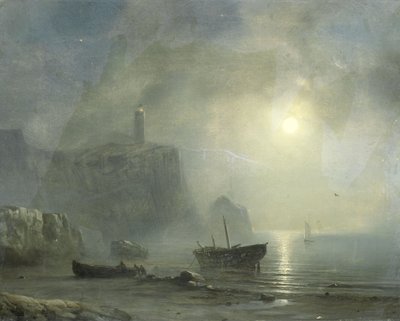 Pohled na skalnaté pobřeží za svitu měsíce od Jean Antoine Theodore Gudin