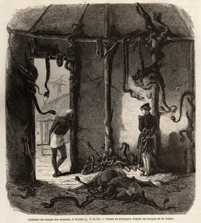 Uvnitř chrámu hadů fetiches, ve Wydah, v Dahomey (dnešní Benin), kresba Jean Antoine Foulquier (1822-1896), ilustrující cestu Dr. Repina do Dahomey v roce 1860. Rytina „“ Le tour du monde“ “, editoval Edouard Charton od Jean Antoine Valentin Foulquier