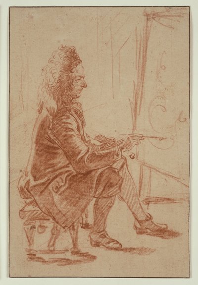 Malíř s plnovousem (pravděpodobně Claude Audran), sedící u pracovního stolu, při pohledu z profilu od Jean Antoine Watteau