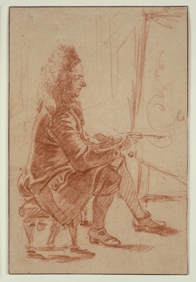 Malíř s kšticí (pravděpodobně Claude Audran), kolem roku 1709 (červená křída na buffovém papíře, položeno na krémové podložce) od Jean Antoine Watteau