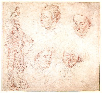 Postava a čtyři hlavy (červená křída na papíře) od Jean Antoine Watteau