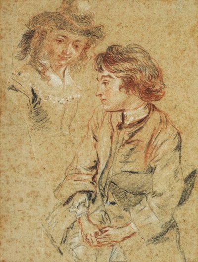 Sedící mladý muž, tříčtvrteční, držící svůj klobouk, kolem roku 1717 od Jean Antoine Watteau