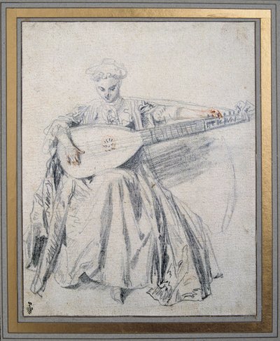 Hráč na loutnu Kreslení olověné miny a krve Jean Antoine Watteau (1684-1721) Chantilly musee z 18. století Conde od Jean Antoine Watteau