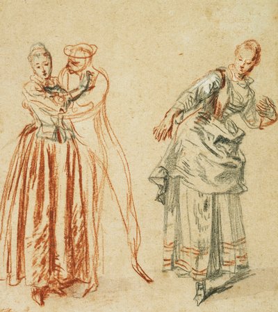 Scéna z commedia dell"arte: Dívka, která se brání pokusům komika, a herečka, která dělá krok, kolem roku 1718 od Jean Antoine Watteau