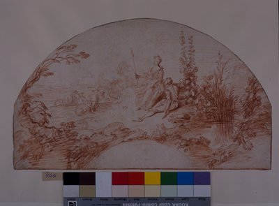 Pastýřka sedící se svým swainem (červená křída na bílém papíře) od Jean Antoine Watteau