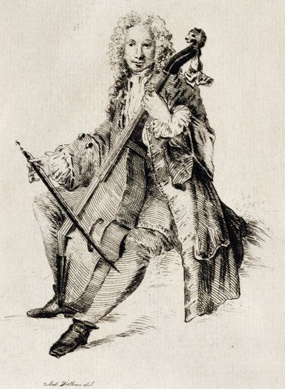 Hráč na violoncello, Jean Antoine Watteau (1684-1721), rytina, Francie od Jean Antoine Watteau