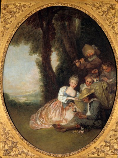 Koncert Champetre aneb „Očekávané prohlášení““. Mladý pár v lásce červenat. Malba ve stylu rokoka od Jean Antoine Watteau (1684-1721) od Jean Antoine Watteau
