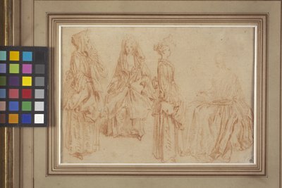 Čtyři dámy (červená křída (sanguine) na papíře) od Jean Antoine Watteau