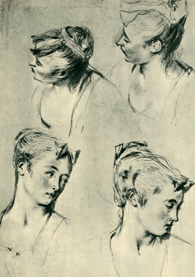 Čtyři studie ženských hlav, počátek 18. století, 1943. od Jean Antoine Watteau