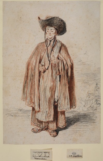 Mnich, stojící (grafit a křída na papíře) od Jean Antoine Watteau