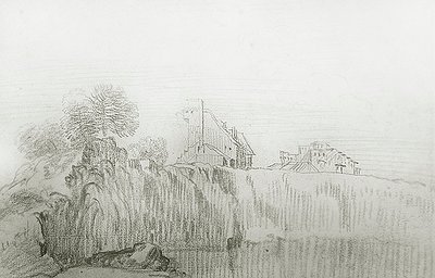 Dům na okraji strmého útesu (červená křída na papíře) od Jean Antoine Watteau