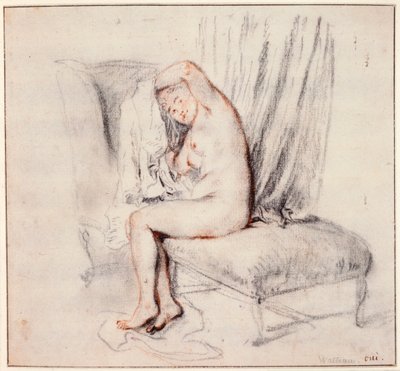 Nahá žena sedící na lenošku, oblékala si košili, 18. století. od Jean Antoine Watteau