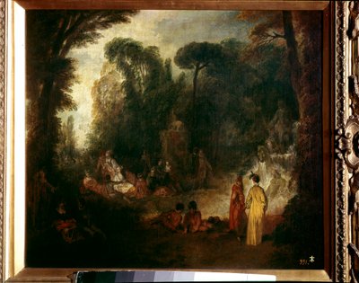 Párty v parku Piknik, konverzace a procházka v lese. Obraz Jean Antoine Watteau (1684-1721), cca 1712-1713. Olej na plátně. Rozměr: 48 x 55 cm. Madrid, muzeum Prado od Jean Antoine Watteau