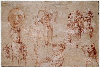 Pierrotova maska, pět dívek v poprsí, mužská rouška a ženská tvář. Kresba živého plotu z krve a křídy od Jean Antoine Watteau (1684-1721) Slunce 18. století. 0,27x0,4 m Paříž, Musee du Louvre od Jean Antoine Watteau