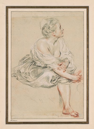 Sedící mladá žena, c. 1716 (černá, červená a bílá křída na papíře) od Jean Antoine Watteau