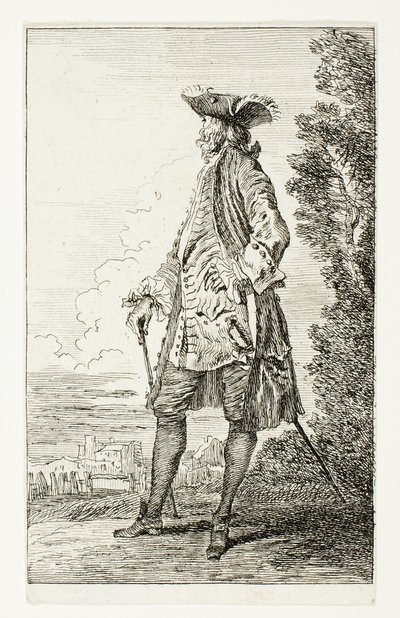 Stojící muž s kloboukem, tváří doleva, z knihy Figures de Modes od Jean Antoine Watteau