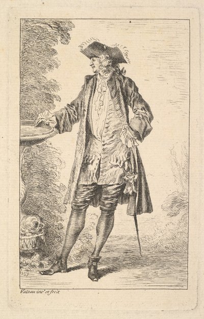 Stojící muž s pravou rukou položenou na umyvadle, zobrazen ve tříčtvrtinovém pohledu s..., ca. 1710. od Jean Antoine Watteau