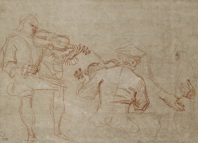 Studie dvou houslistů a páru rukou, kteří drží paži (červené a bílé křídy na papíře) od Jean Antoine Watteau