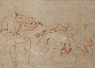 Studie dvou houslistů a páru rukou, držících paži, vpravo, asi 1716 od Jean Antoine Watteau