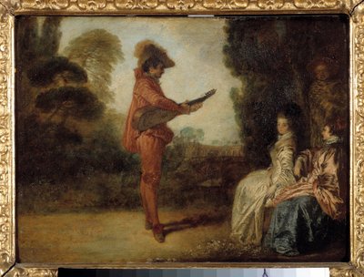 The Enchanting Mladý hudebník, který svou hudbou svádí dvě mladé ženy. Obraz Jean Antoine Watteau (1684-1721) od Jean Antoine Watteau