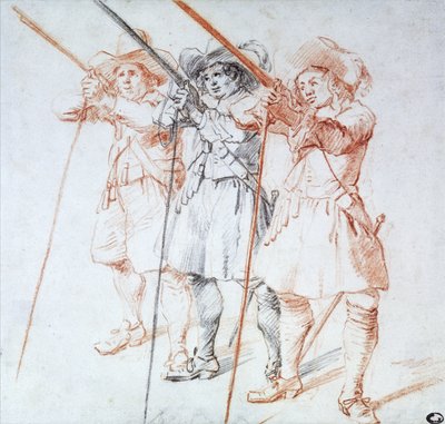 Tři arkebuzíři, 1712 (černá a červená křída na papíře) od Jean Antoine Watteau