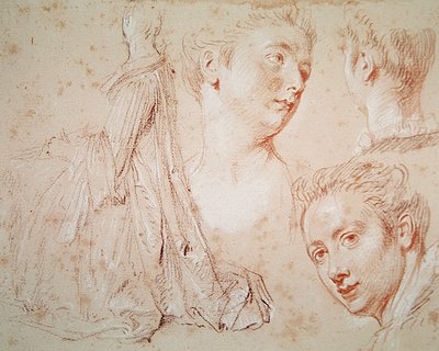 Tři hlavy a sedící žena, cca 1716 (pastel s černou a červenou křídou na papíře) od Jean Antoine Watteau