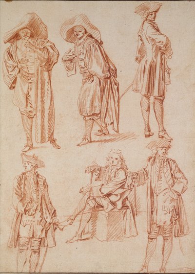 Dvě studie doktora v italské komedii a čtyři důstojníci, 18. století od Jean Antoine Watteau