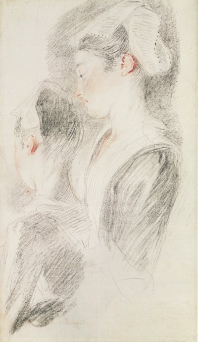 Dvě studie ženy, tři čtvrtiny zezadu, jedna z profilu (sangvinik a černá křída na papíře) od Jean Antoine Watteau