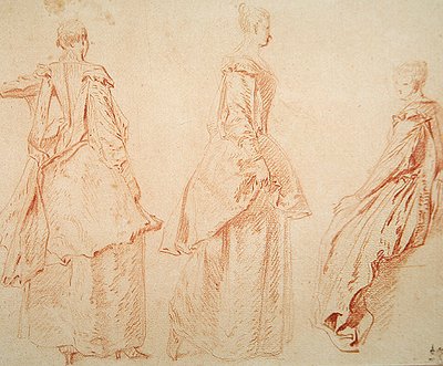 Tři ženy, jedna sedící vpravo (červená křída na papíře) od Jean Antoine Watteau