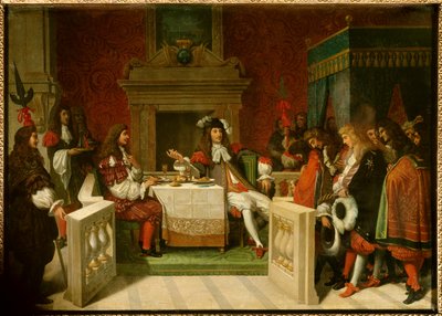 Ludvík XIV. a Moliere: Král Ludvík XIV. (1638-1715) a Jean Baptiste Poquelin dit Moliere (1622-1673) u stolu před dvořany. Obraz Jean Auguste Dominique Ingres (1780-1867) od Jean Auguste Dominique Ingres
