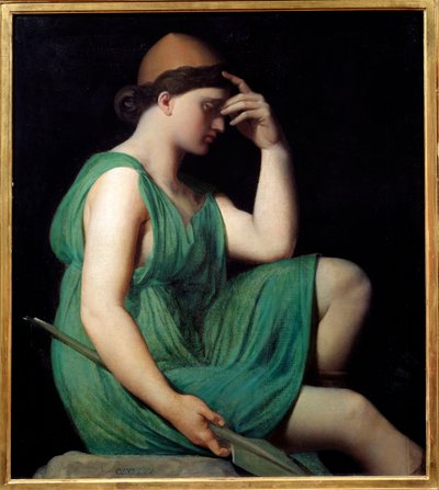 Odyssea. Studie k alegorii „Apoteózy Homera“ jako žena v tunice sedící z profilu odrážející jednu ruku před obličejem a kopí ve druhé. Obraz Jean Auguste Dominique Ingres (1780-1867) od Jean Auguste Dominique Ingres